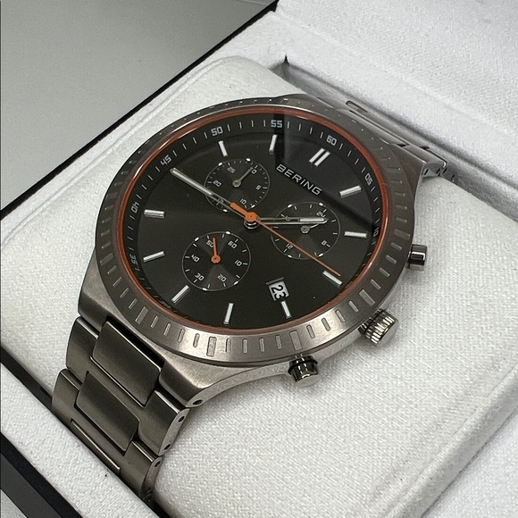 Bering Titan Chrono Brushed Silver Men's Watch w/ subtle orange accents - Picture 1 of 8
